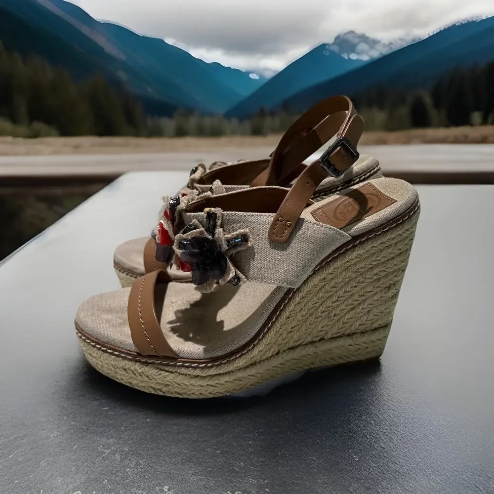 Tory Burch Canvas Leather Espadrille Wedge Sandal Size 8M Beige Brown